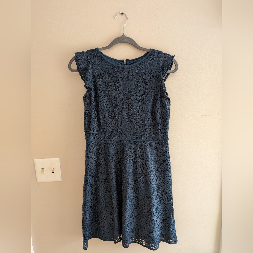 LOFT Teal Tea-Length Dress with Lace Overlay